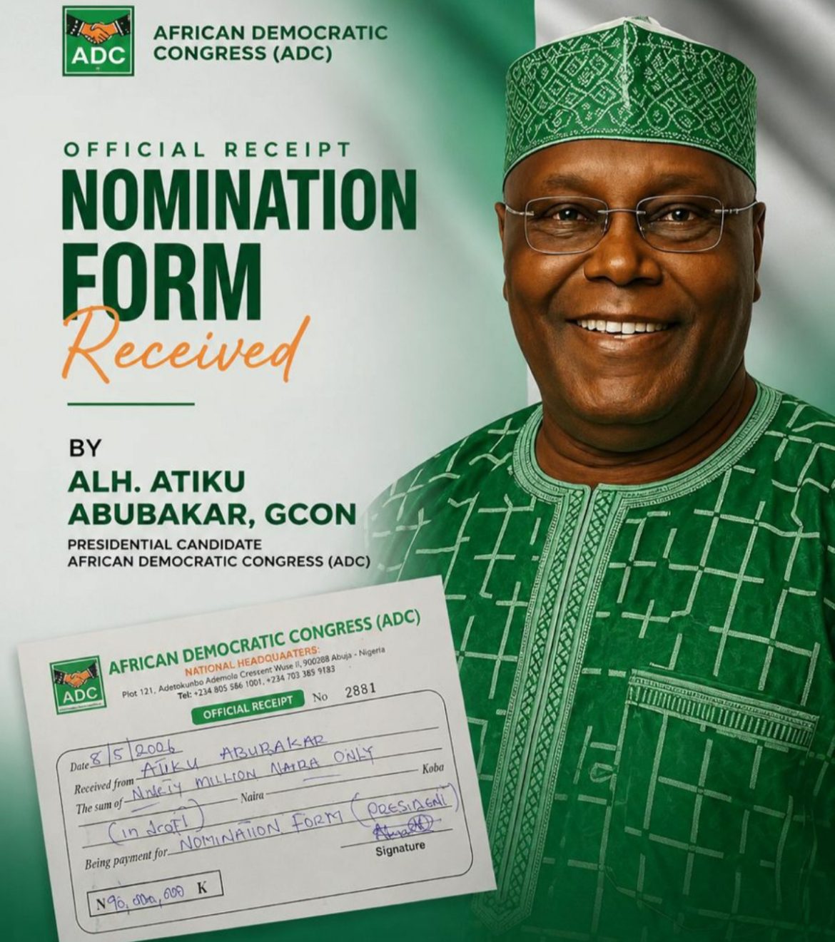 Atiku picks ADC presidential nomination form for 2027 race