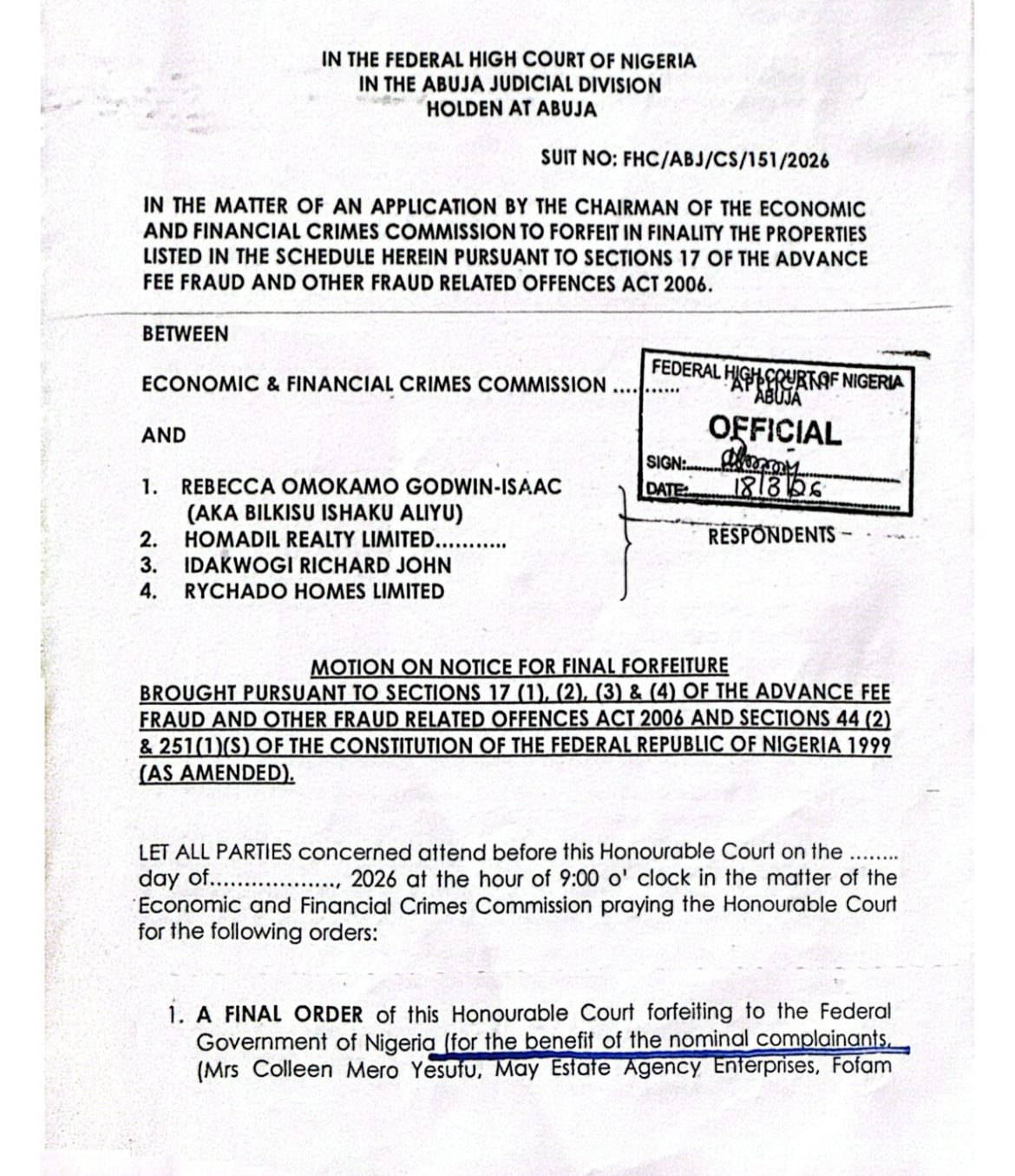 NO COURT HAS DECLARED COLLEEN MERO YESUFU THE OWNER, YET EFCC SEEKS TO FORFEIT PLOT 4022 “FOR THE BENEFIT” OF HER AND OTHER PRIVATE COMPLAINANTS