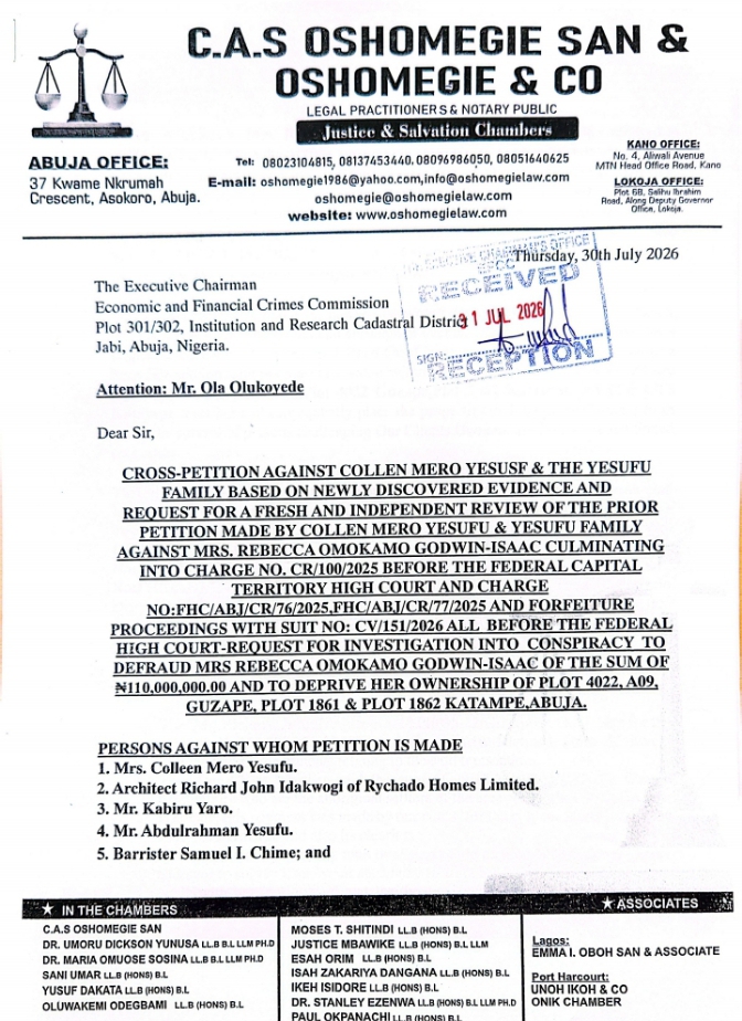 Conspiracy to Defraud Rebecca Godwin-Isaac, Seize Her Family Home and Share the Proceeds: Explosive Petition Names Colleen Mero Yesufu, Richard John Idakwogi of Rychado Homes Ltd, Kabiru Yaro, Abdulrahman Yesufu and Samuel Chime